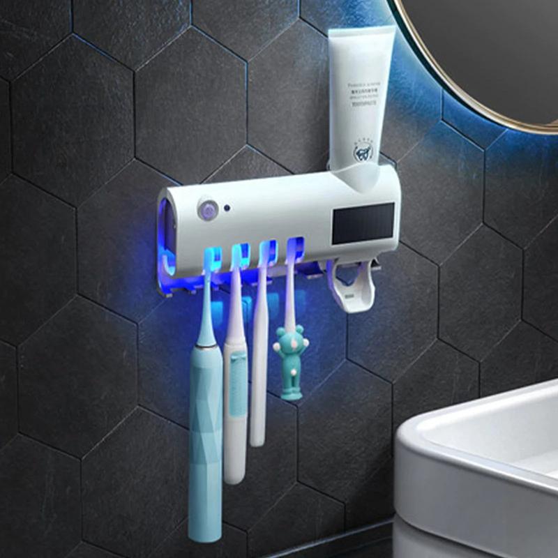 UV Light Sterilizer Toothbrush Holder with Automatic Toothpaste Dispenser and Additional Storage Hooks - White - Cover