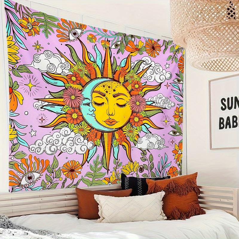 Christmas 2024 Ornament - Vibrant Sun & Moon Pattern Tapestry - Unique Wall Hanging for Living Room, Bedroom, Dormitory - Adds Bohemian Touch to Home Decor, Perfect for Nature Lovers Decoration