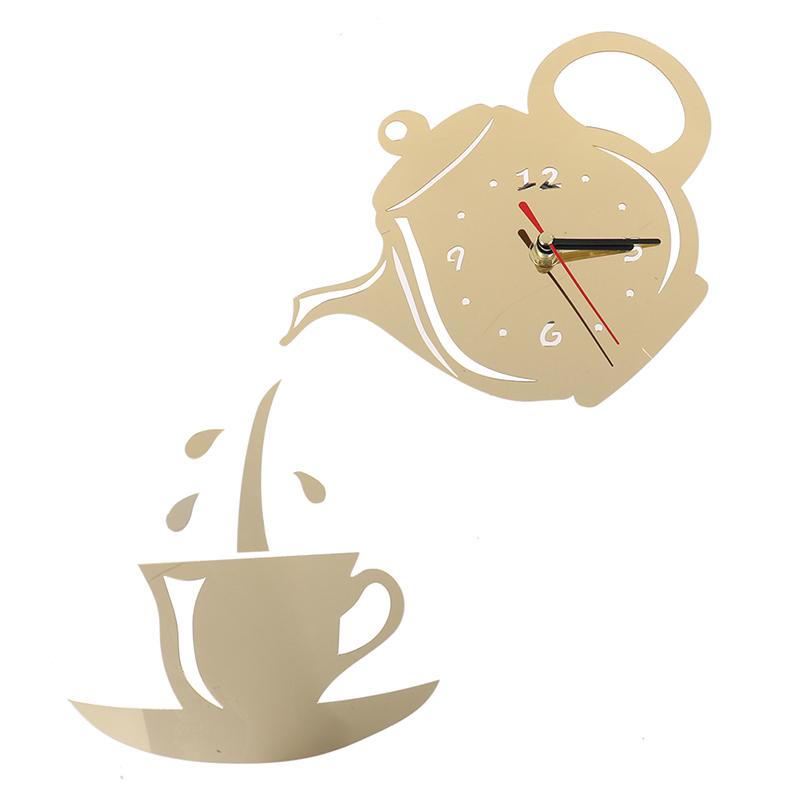 DIY Acrylic Coffee Cup Teapot 3D Wall Clock Decorative Kitchen Wall Clocks Decor