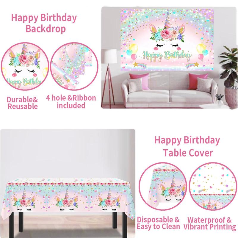 Unicorn Balloon Backdrop Tablecloth Set,118pcs Unicorn Theme Balloon Garland Arch Kit,Happy Unicorn Birthday Decoration,Girls Women Birthday Party Supplies Baby Shower Decor