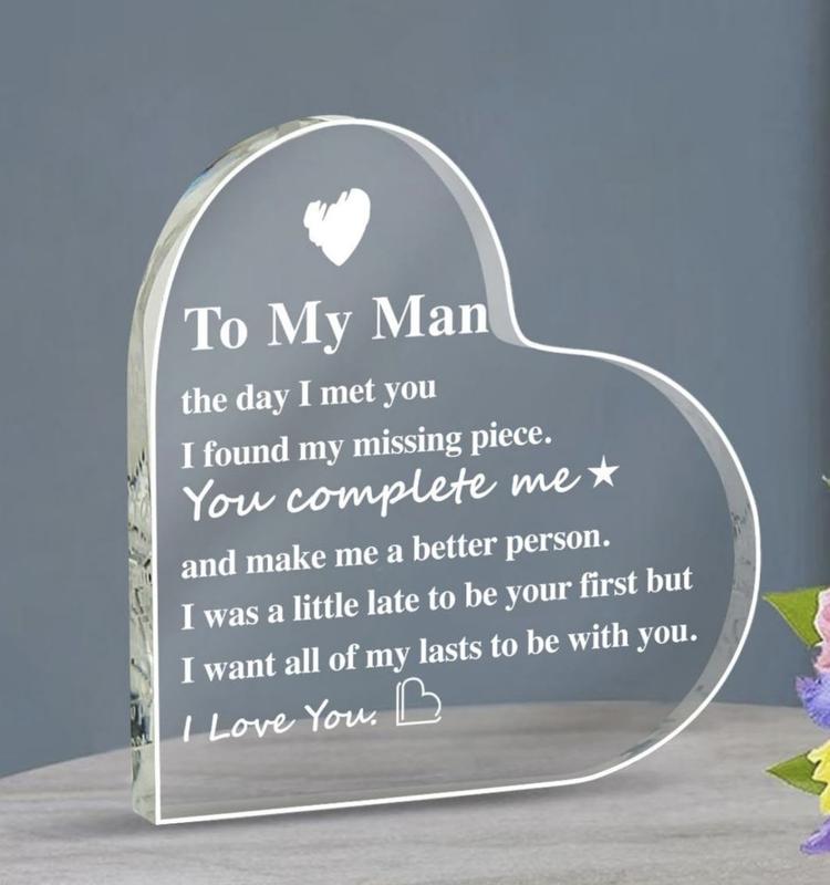 To My Man gift for Boyfriend Theme Acrylic Ornaments plaque, Heart shaped Letter design decorative craft, Romantic gift wedding anniversary Birthday couple gift for Men Boyfriend Husband Engagement Male Home decor Plaques and signs