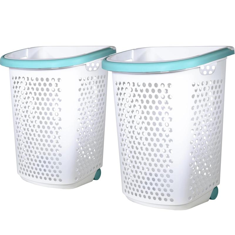 2 Bushel Rolling Plastic Laundry Hamper with Pop-up Handle, White, 2 Pack Organiser