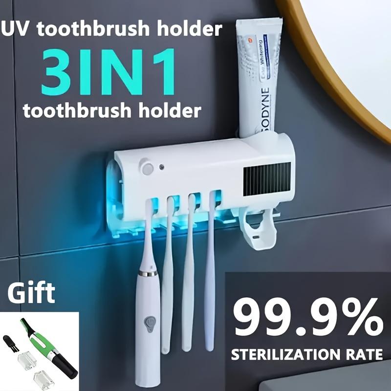 1 One Smart Ultraviolet Toothbrush Sterilizer, with Toothpaste Dispenser, Wall-Mounted 4-Slot Toothbrush Storage Rack, Solar Charging, 99.9% Disinfection Rate, Plastic Material, Built-in Lithium Battery USB Charging, Bathroom Accessories