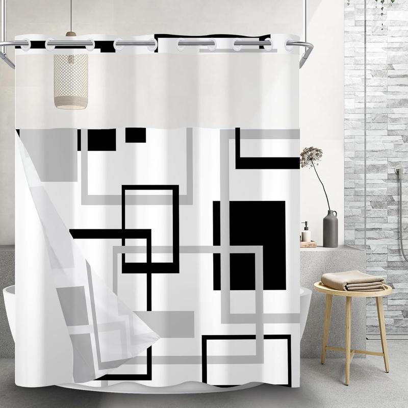 No Hook Shower Curtain with Snap in Liner Black White Geometric Shower Curtain and Liner Set Double Layers Waterproof Fabric and See-Through Top Window Bathroom Decorative 71x83inch Plastic Colorful Print