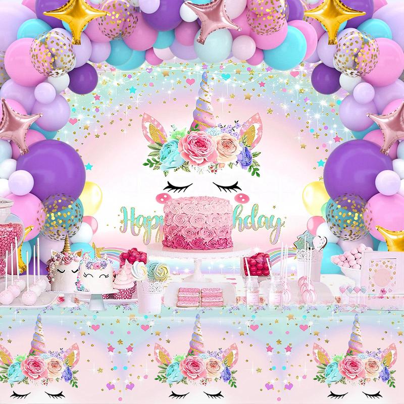 Unicorn Balloon Backdrop Tablecloth Set,118pcs Unicorn Theme Balloon Garland Arch Kit,Happy Unicorn Birthday Decoration,Girls Women Birthday Party Supplies Baby Shower Decor