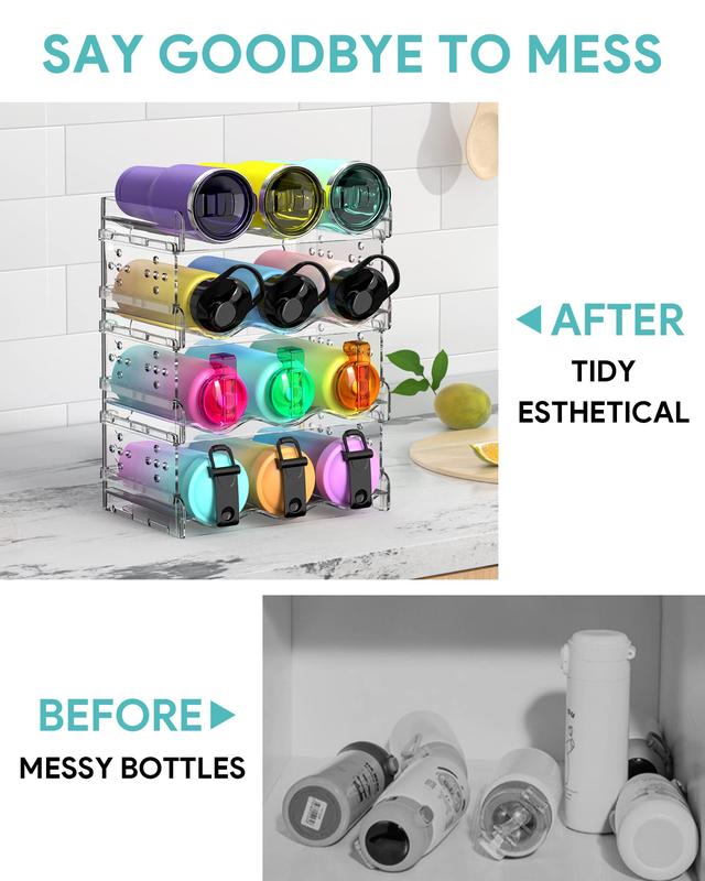 Water Bottle Organizer - 4 Pack Stackable Cup Organizer for Cabinet, Countertop, Pantry and Fridge, Free-Standing Tumbler Kitchen Storage Holder Rack