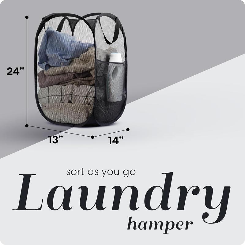 Clothes Storage Basket Handy Laundry Collapsible Mesh Pop Up Hamper with Wide Opening and Side Pocket – Breathable, Sturdy, Foldable, and Space-Saving Design for Clothes and Storage.