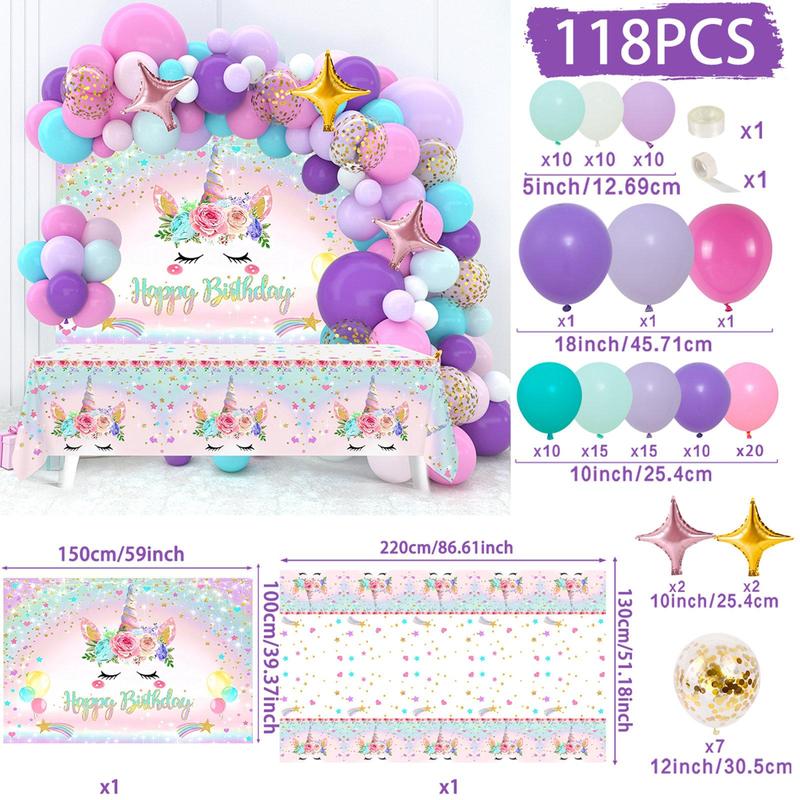 Unicorn Balloon Backdrop Tablecloth Set,118pcs Unicorn Theme Balloon Garland Arch Kit,Happy Unicorn Birthday Decoration,Girls Women Birthday Party Supplies Baby Shower Decor