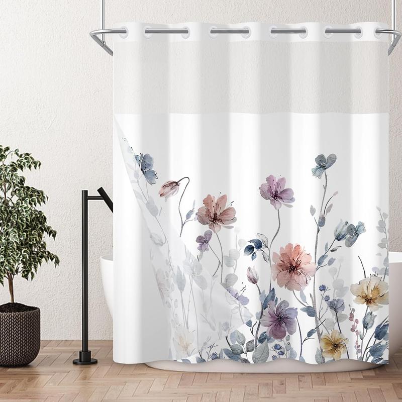 No Hook Shower Curtain with Snap in Liner Black White Geometric Shower Curtain and Liner Set Double Layers Waterproof Fabric and See-Through Top Window Bathroom Decorative 71x83inch Plastic Colorful Print