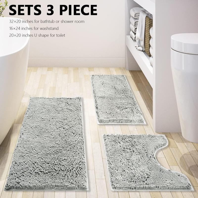 Bathroom Rugs Chenille 3-  Soft and Absorbent Shag Bathroom Rugs, Machine Wash Mat,  PVC Non-Slip Underside, Plush Carpet Mats (Light Grey)