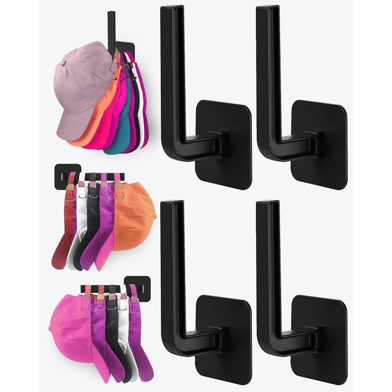 Hat Rack for Hat Storage (4-Pack), Multi-Purpose Hat Organizer, Strong Adhesive Hat Hooks for Wall Hat Organizer for Baseball Caps, Two Mounting Options Hat Hook,Closet Storage, Black