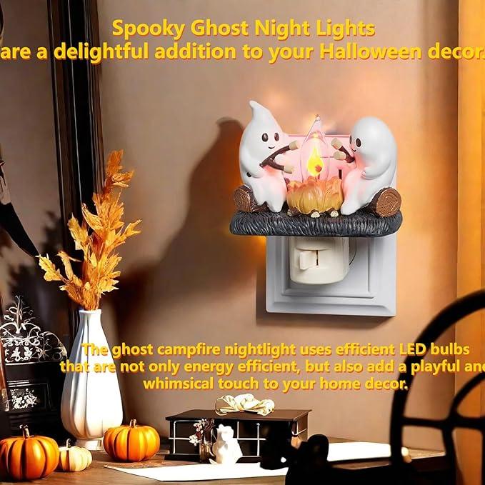 Breamies Ghost Campfire Flickering Night Light, Ghosts Campfire Flicker Flame Halloween Nightlight, 3D LED Small Electric Faux Campfire Night Light, Halloween Nightlight Indoor Decorations