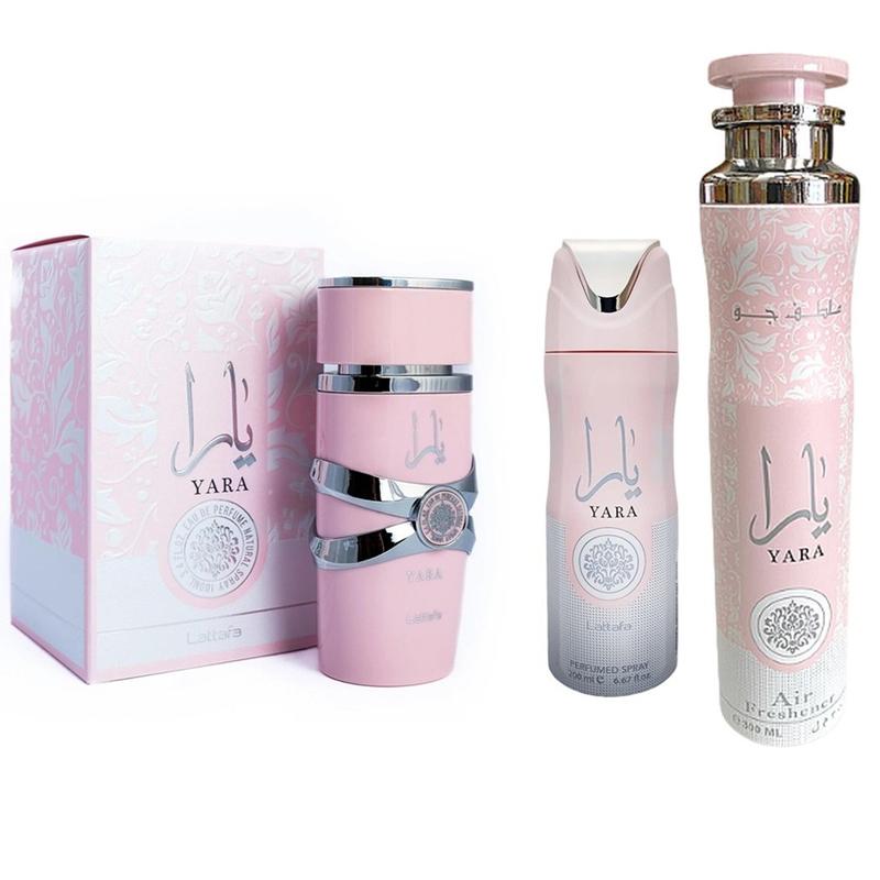 LATTAFA YARA PERFUME, YARA SPRAY & AIR FRESHENER ( 3 COMBO SET ) Floral Fragrance Pack Bottle Gift Prop Tropical Scented Scent Aroma