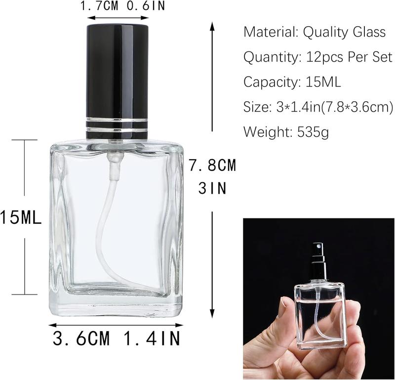 12 count Clear Refillable Perfume Bottle 15ml Portable Square Empty Glass Perfume Atomizer Bottle For Travel Dispenser Room