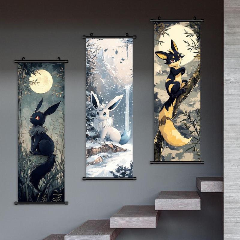 Cartoon Animal & Moon Pattern Wall Art, 3 Counts set Modern Canvas Hanging Poster, Wall Decor for Home Living Room Bedroom