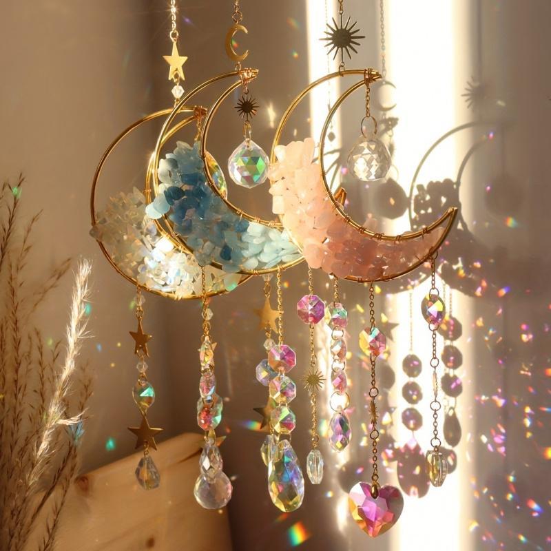 Crystal Sun Catcher, 1 Count Colorful Moon Design Hanging Ornament, Hanging Decor for Home Living Room Bedroom, Home Decor, Room Decor