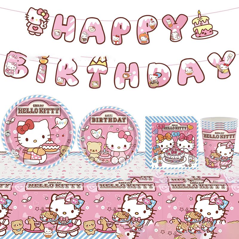 Cute Sanrio Hello Kitty Birthday Party Supply Cake Tablecloth Flag Decoration Disposable Tableware Kids Gifts Party