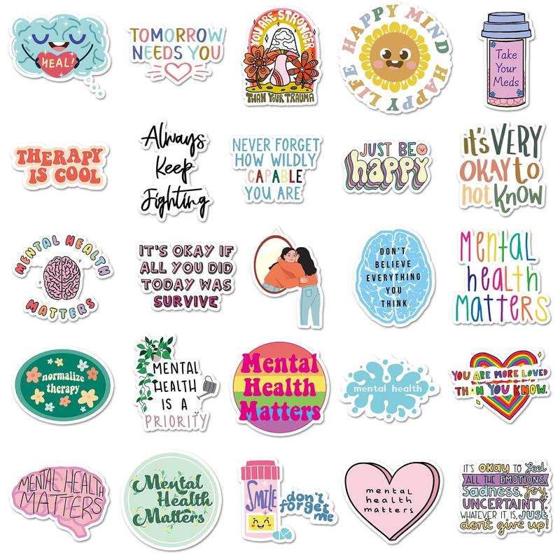 Mental Health Slogan Sticker, 50pcs set Waterproof Self Adhesive Decor Paper, Decor Sticker for Gift Greeting Card Water Bottle Laptop Phone