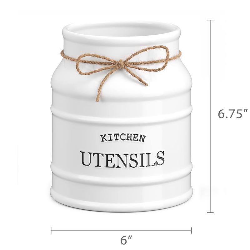 Ceramic Farmhouse Utensil Holder for Kitchen Counter Organiser Racks (White)