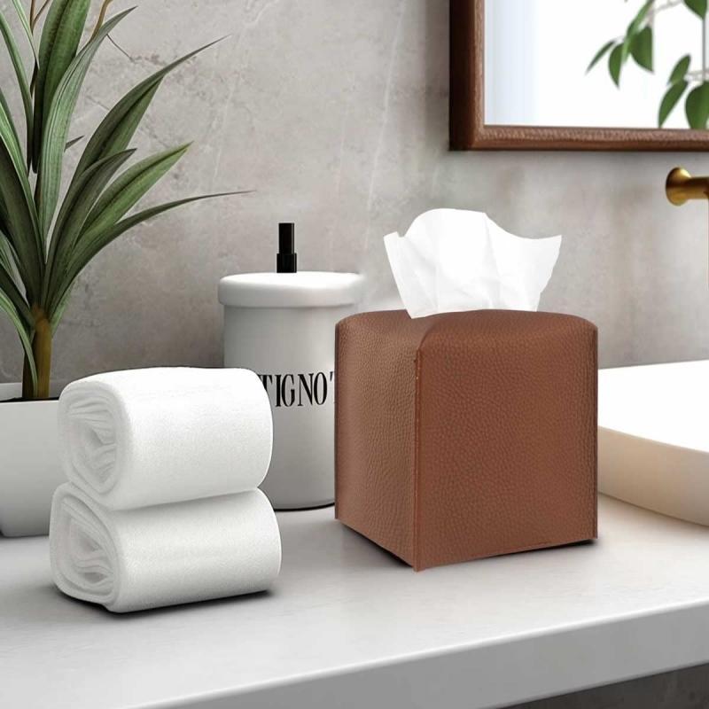 PU Leather Square Tissue Box Cover, 1 Count Square Tissue Case, Decorative Organizer for Tabletop, Bathroom, Car, Office