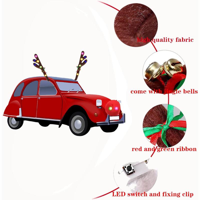 Christmas Car Reindeer Antlers Decoration Kit with LED Lights, Vehicle Xmas Decorations Auto Decoration Reindeer Kit with Jingle Bells Rudolph Reindeer, Red Nose, Tail Suitable for Any Cars