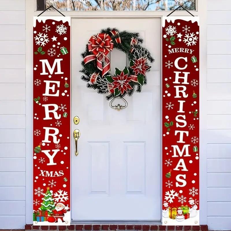 Christmas Themed Door Banner, 2 Counts set Merry Christmas Door Hanging Banner, Outdoor & Indoor Decoration for Front Porch, Patio, Garage & Home