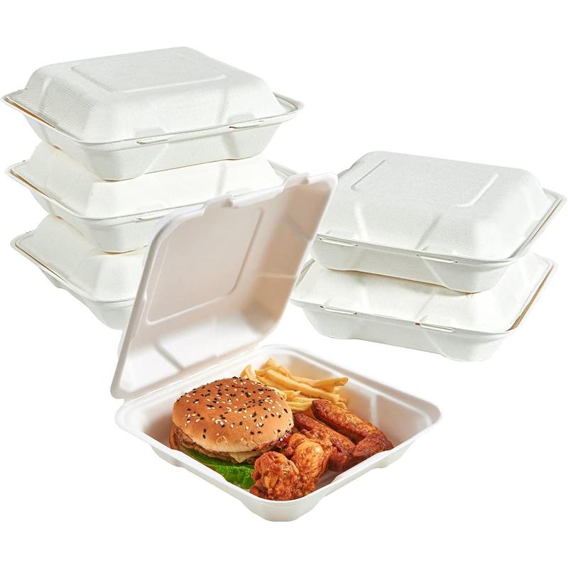 50 Pack Clamshell Take Out  Containers,  Compostable Disposable To Go Containers, 8X8 Heavy-Duty To Go Boxes,Disposable Tableware