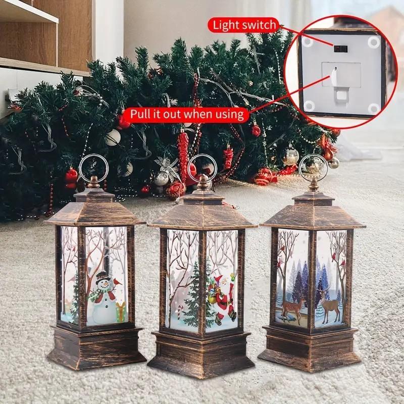 Christmas Themed Lantern (3 Counts set), Battery Powered Rotating Twinkling Lantern, Tabletop Decoration for Home Party Festival