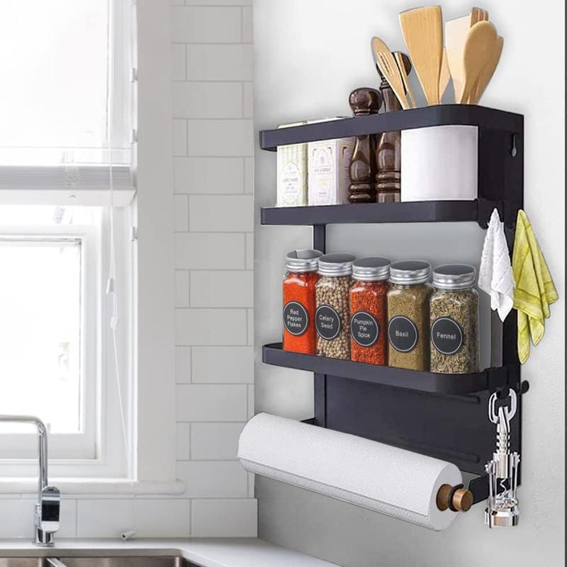 Magnetic Spice Rack for Refrigerator Magnetic Spice Rack with Paper Towel Holder with 2-Tier Shelf Spice Rack Strong Magnetic Backing with 3 Hooks for Kitchen Storage, Freezer,Grill Silver