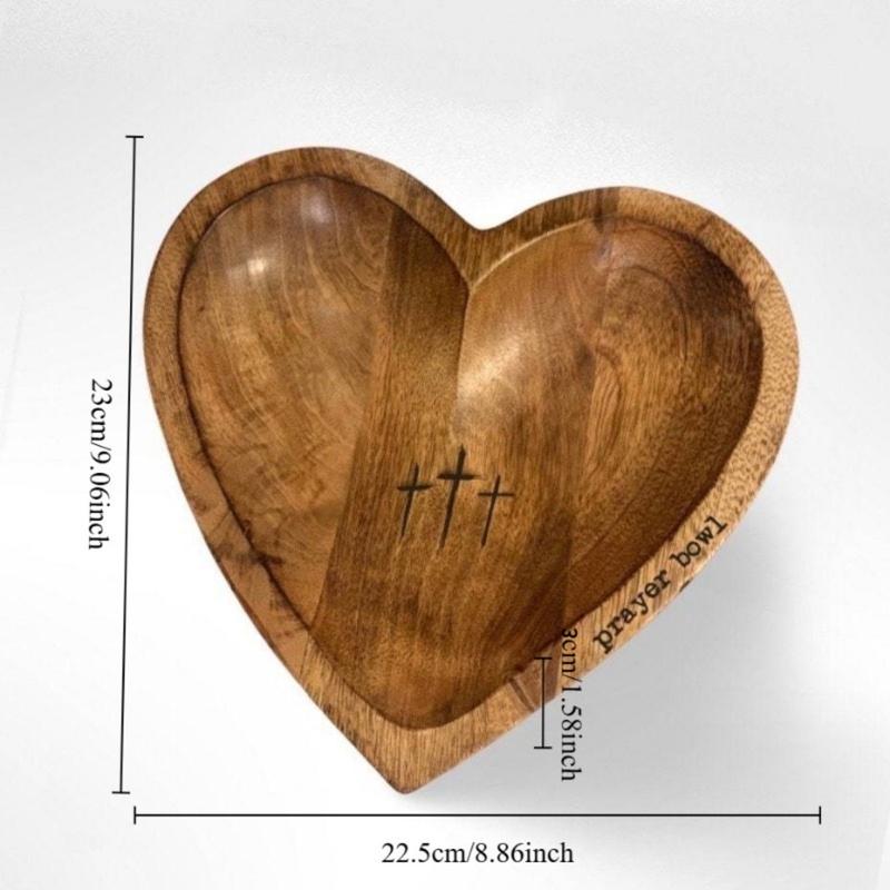 Wooden Prayer Bowl, 1 Count Vintage Heart Shaped Prayer Bowl with Cross & Letter Pattern, Religious Decoration for Home Living Room Bedroom