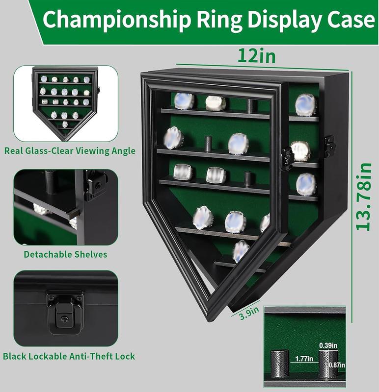 IHEIPYE Championship Ring Display Case,19 Slots Baseball Ring Display Holder Case Wall Mount Wooden Trophy Ring Organizer Box with Lockable Real Glass Door for Collection Sports Champion Rings ,Black