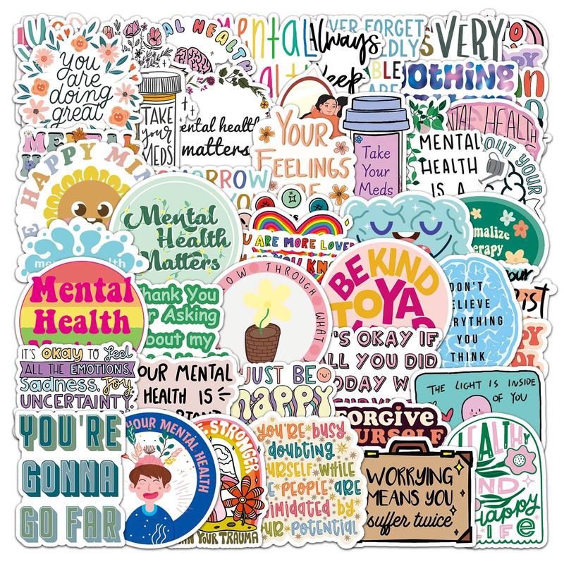 Mental Health Slogan Sticker, 50pcs set Waterproof Self Adhesive Decor Paper, Decor Sticker for Gift Greeting Card Water Bottle Laptop Phone