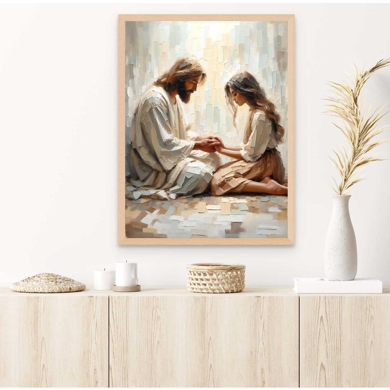 Comfort in Him, Modern Christian Art, Jesus and Her, Jesus Portrait, LDS Art, Bible Wall Art, Printable Art, Jesus and Woman Holding Hands BYIVN