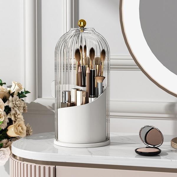 Makeup Brush Holder with Lid Cosmetic Organizer 360 Rotating Makeup Brushes Storage