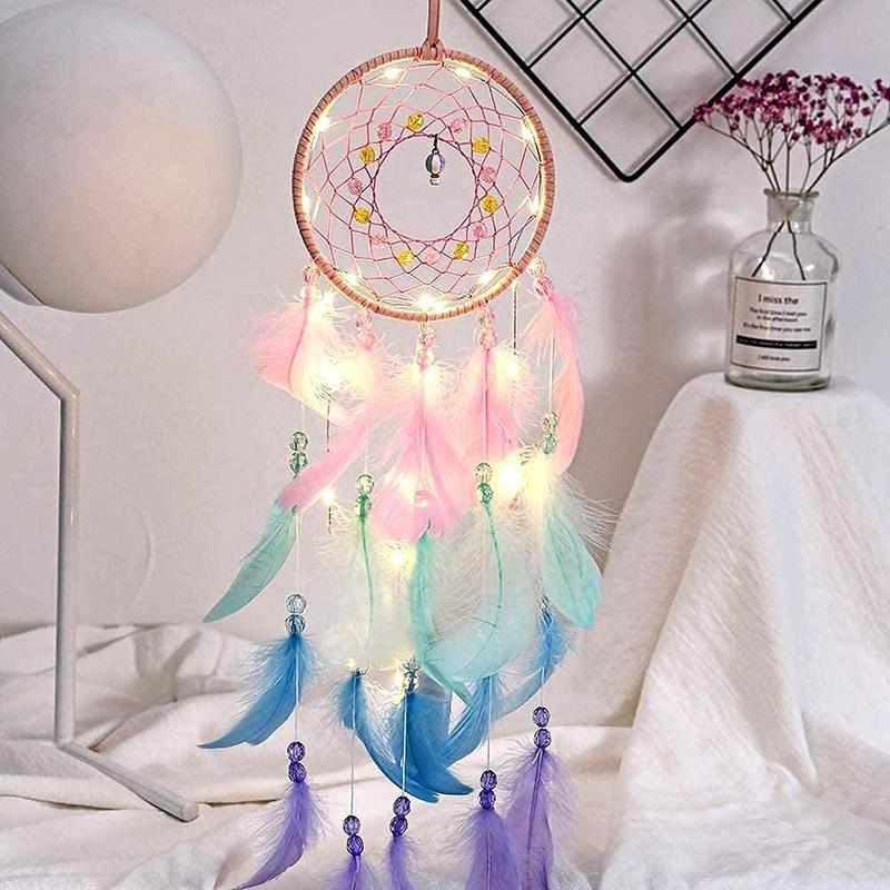 Dream Catcher Wall Decor, Handmade Dream Catcher with LED Light, Colorful Feather Dream Catchers Wall Decor, Dreamcatchers Gift for Girls Kids Women