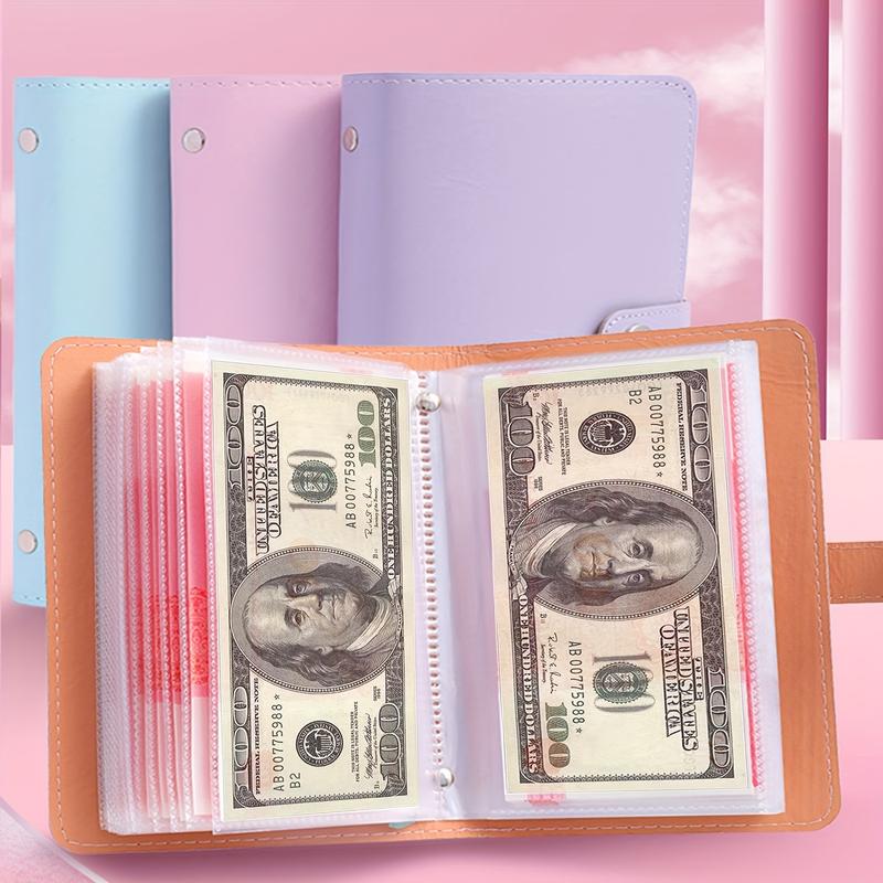 1 banknote storage book, made of PU material, can accommodate 100 banknotes, with banknote photos, stamps, bank card storage book 1A6 large capacity cash storage notebook with 50pcs inside