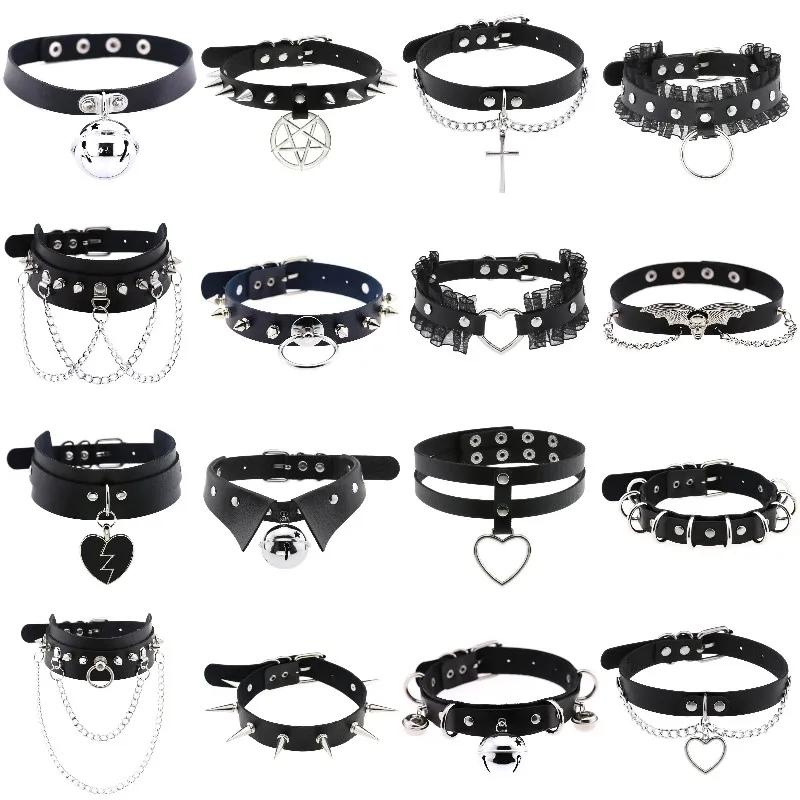 Trendy Punk Spike Rivet Leather Women Choker Bell Pentagram Harajuku Collar Necklaces Handmade Boho Gothic Girl Collier Jewelry