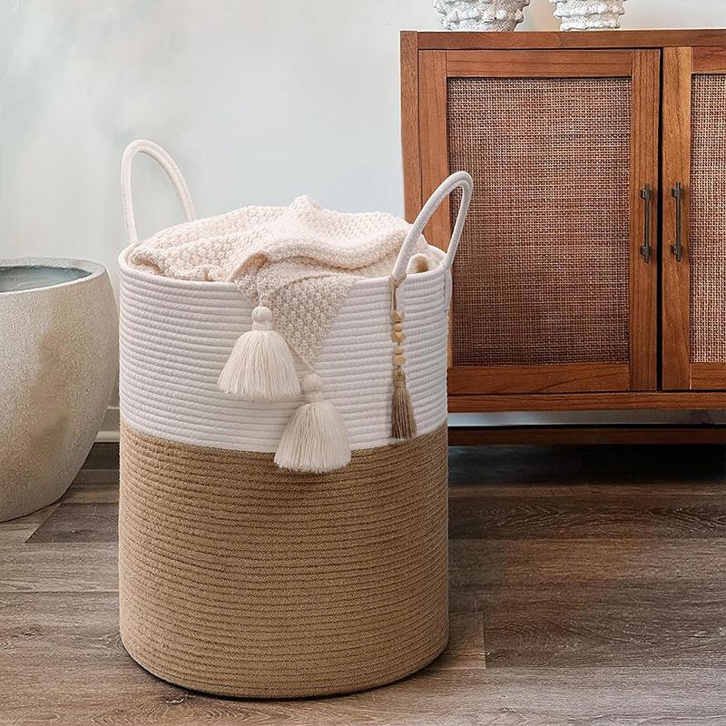 Boho Style Woven Clothes Storage Basket, 1 Count Large Capacity Storage Basket with Handle, Storage Organizer, Home Organizer for Living Room, Bedroom, Laundry Room