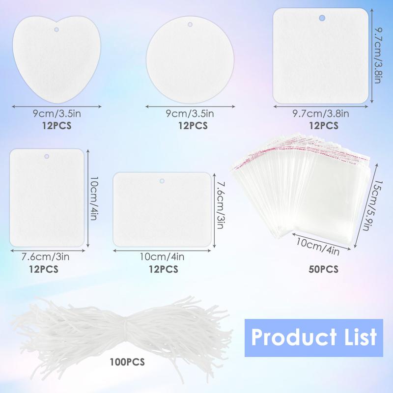 60 Pcs Sublimation Air Freshener Blanks 5 Shapes Air Freshener Sheets with Elastic Drawstrings and Bags DIY Felt Air Freshener Blanks Hanging Scented Sheets for Car House