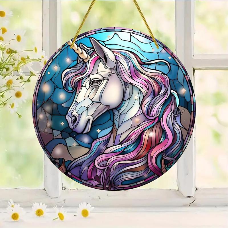 Colorful Unicorn Pattern Hanging Ornament, Round Acrylic Hanging Decoration, Hanging Pendant for Home Garden Party