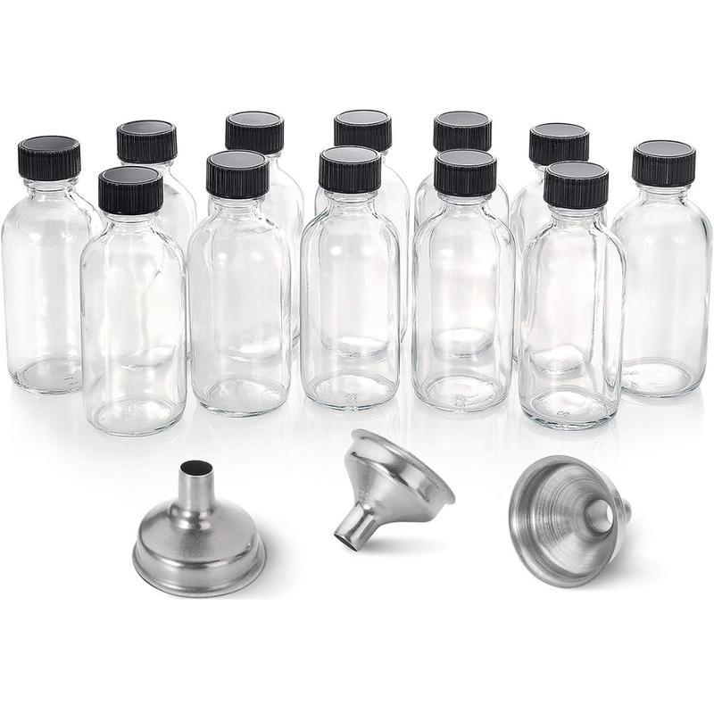 12 Pack, 2 oz Small Clear Glass Bottles with Lids & 3 Stainless Steel Funnels - 60ml Wellness, Ginger Shots, Whiskey, Liquids Plastic Round