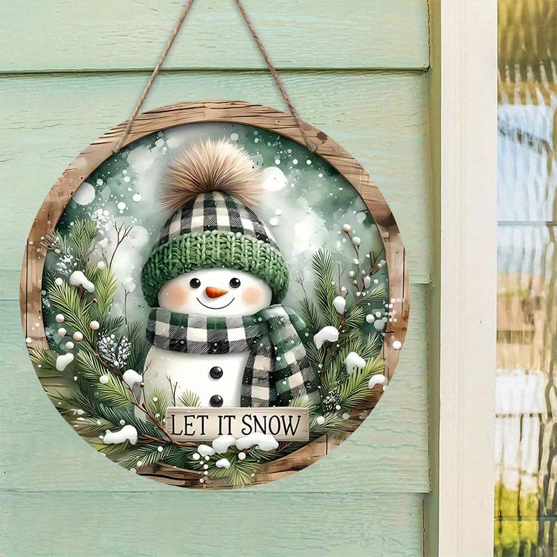 Christmas Snowman Pattern Wooden Hanging Sign, 1 Count Let It Snow Round Sign, Cute Winter Hanging Sign for Front Door Wall Decor