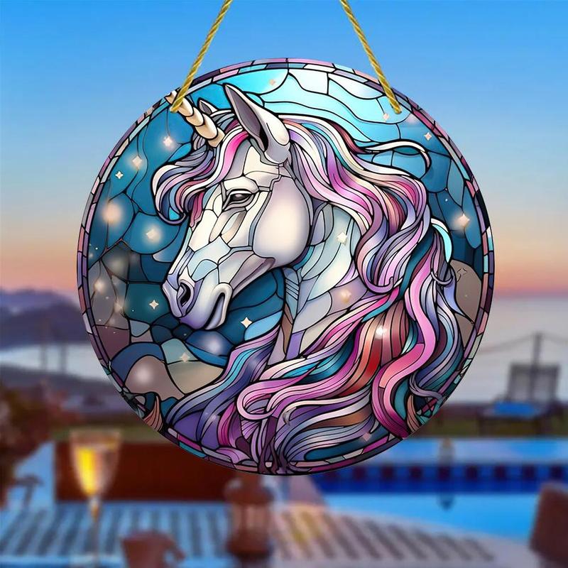 Colorful Unicorn Pattern Hanging Ornament, Round Acrylic Hanging Decoration, Hanging Pendant for Home Garden Party