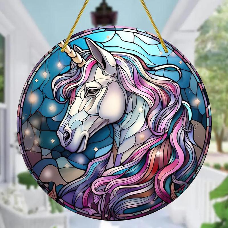 Colorful Unicorn Pattern Hanging Ornament, Round Acrylic Hanging Decoration, Hanging Pendant for Home Garden Party