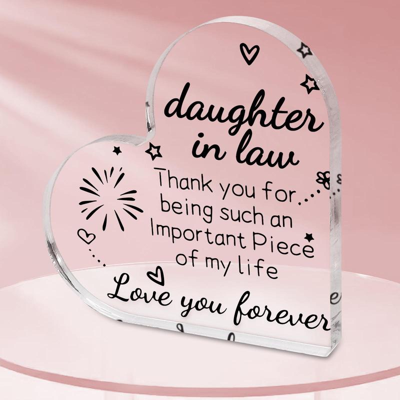 Transparent Heart Shape Acrylic Plaque, 1 Count Letter Pattern Desktop Decoration Sign, Birthday Gift for Daughter in Law