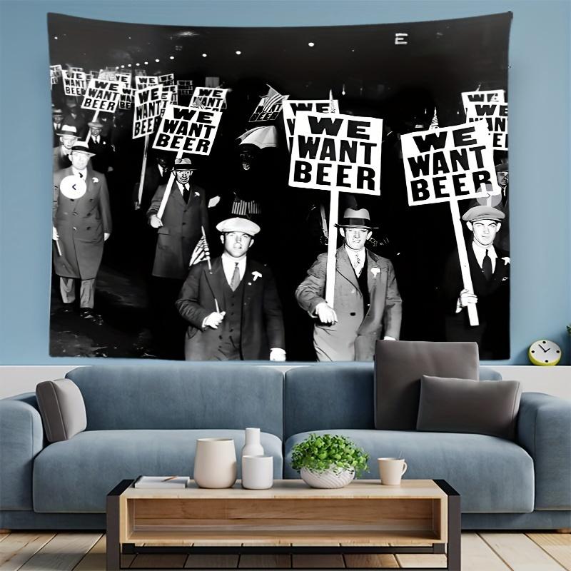 We Want Beer Prohibition Era Wall Tapestry - Fashion Herringbone Pattern Peach Skin Velvet Fabric, Polyester Woven Tapestry for Bedroom, Indoor Use, Theme Party Decor, Easy Hang - Includes Installation Accessories, Retro Art Dormitory Wall Hangingt