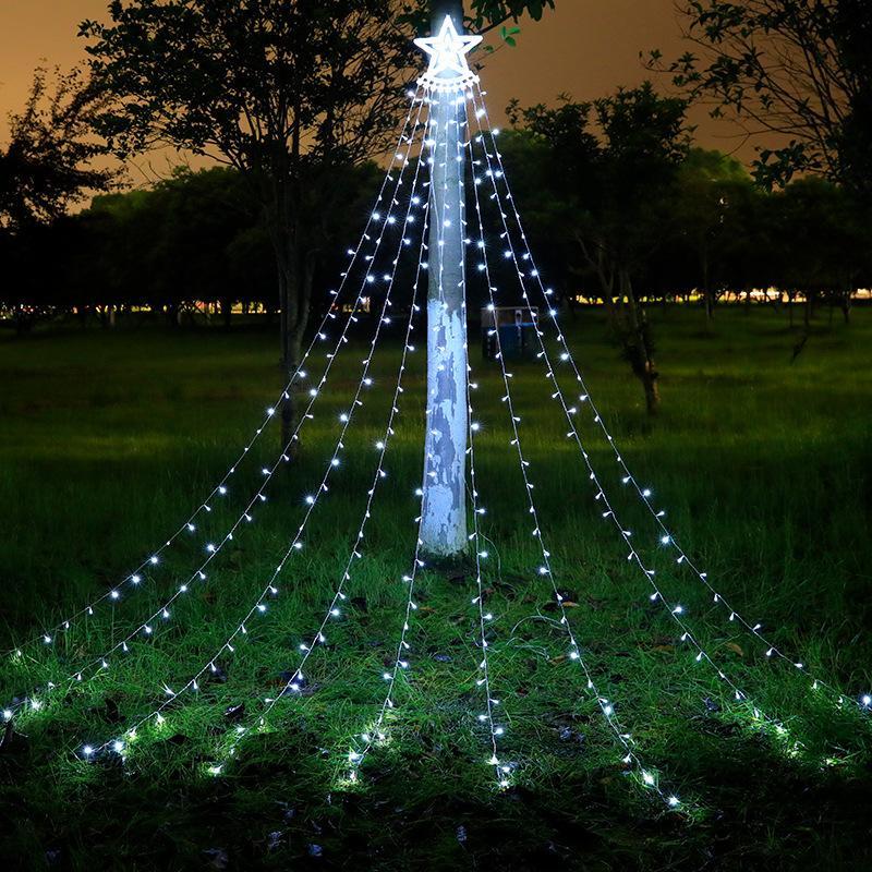 Solar Powered Star Shaped Waterfall Light, LED Solar Star Waterfall Ornaments Light, Garden Decoration Light, Hanging Christmas Tree Garden Decoration Light