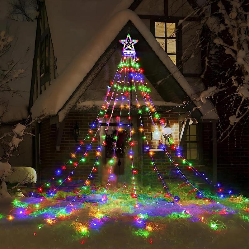 Solar Powered Star Shaped Waterfall Light, LED Solar Star Waterfall Ornaments Light, Garden Decoration Light, Hanging Christmas Tree Garden Decoration Light