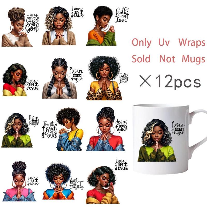 Women Prayer Pattern Sticker, 12pcs set DIY Mug Wrap Sticker, Fashion Lady Coffee Cup UV DTF High Self-adhesive Wraps Transfer Decor Sticker