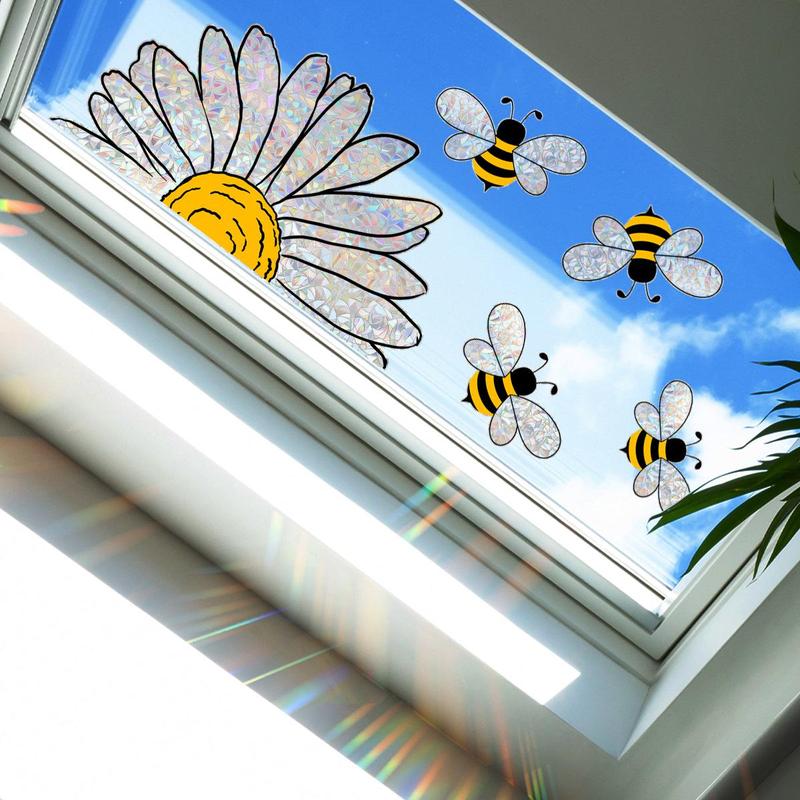 Daisy & Bee Pattern Static Cling Window Sticker, Window Decal, Decorative Window Cling for Home Decor, Room Decor